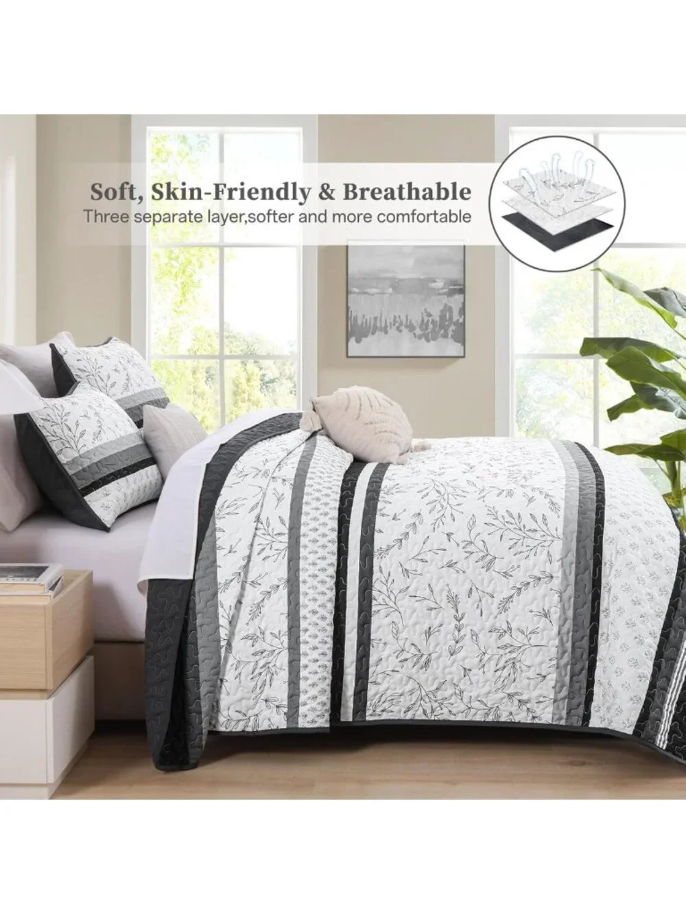 Boho Black Striped Queen Quilt Set, Lightweight Patchwork Bedspread & 2